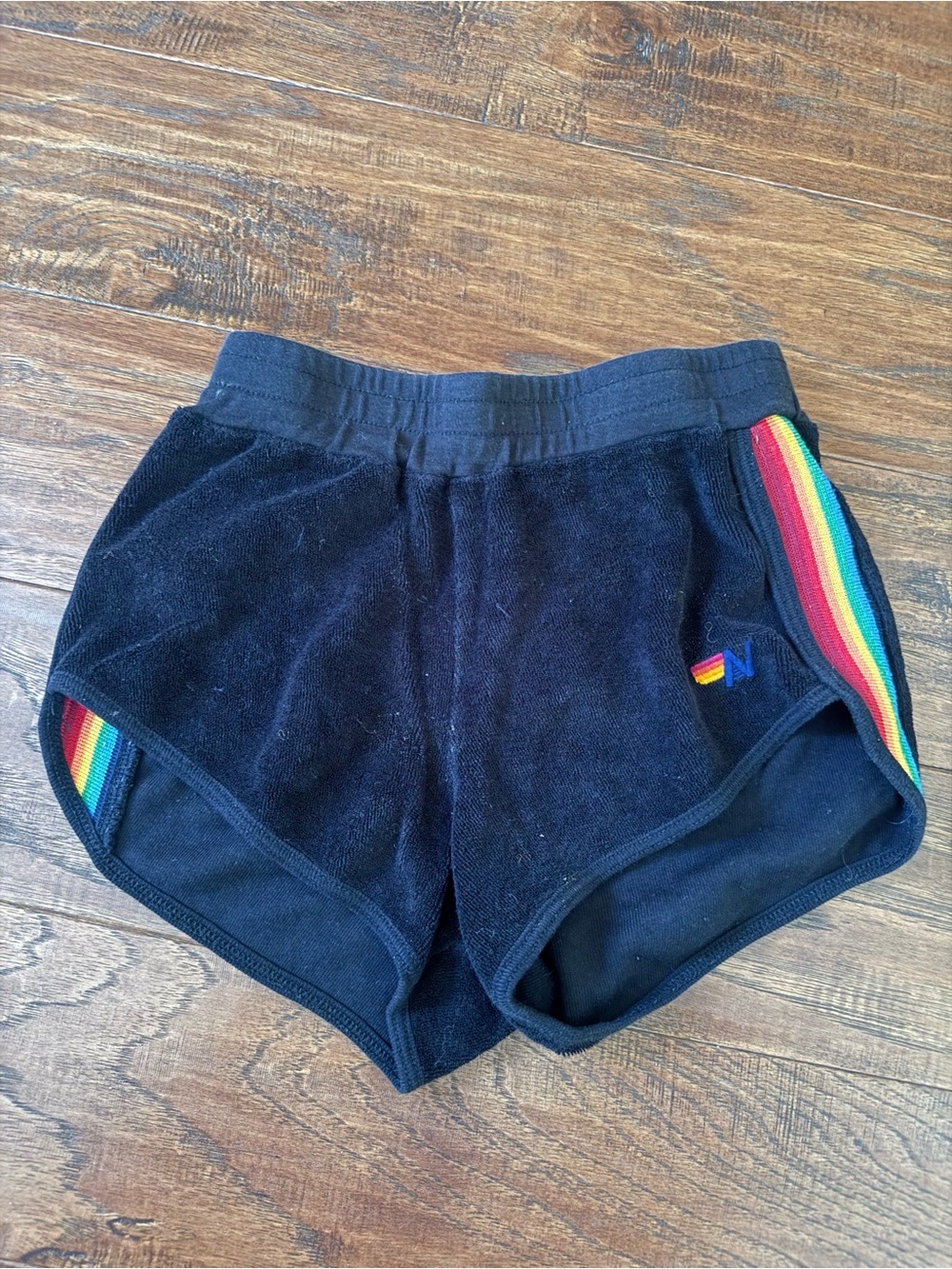 Aviator Nation Black Terry Shorts with Rainbow Stripe